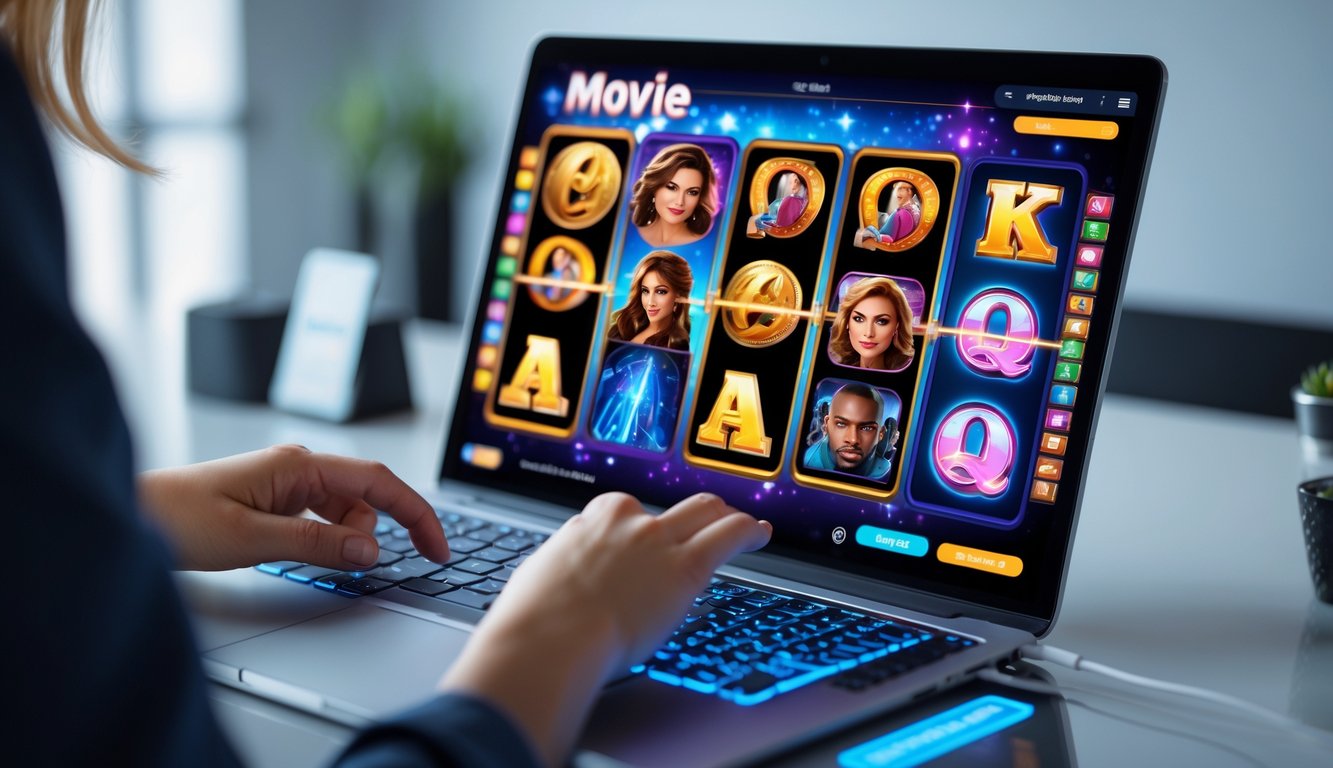Tampilan layar komputer dengan permainan slot bertema film yang sedang dimainkan, di meja dengan tangan seseorang yang sedang berinteraksi dengan perangkat.
