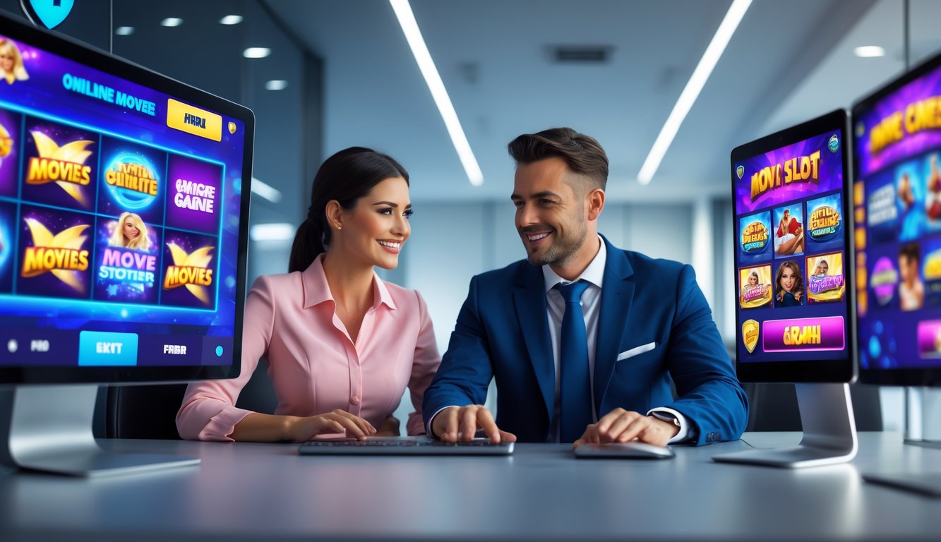 Seorang pria dan wanita duduk di meja modern sambil menggunakan perangkat digital dengan tampilan permainan slot online bertema film, di dalam ruangan kantor yang rapi dan terang.