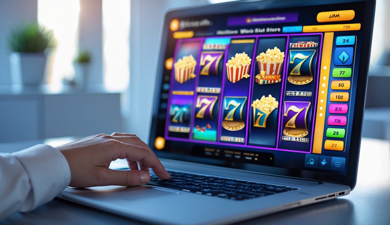 Seseorang menggunakan komputer dengan layar menampilkan permainan mesin slot bertema film di lingkungan rumah atau kantor yang terang.