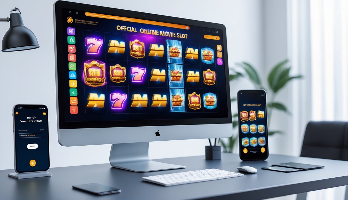 Suasana ruang kerja modern dengan komputer menampilkan grafik mesin slot bertema film dan perangkat digital untuk transaksi cepat.