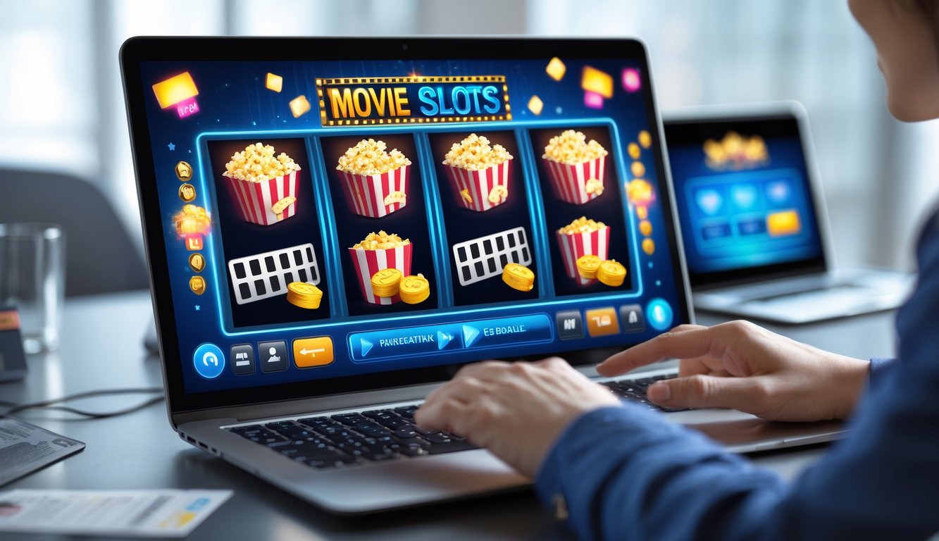 Seseorang menggunakan komputer dengan permainan slot bertema film di layar, menunjukkan suasana kerja modern dan interaksi dengan permainan slot online.