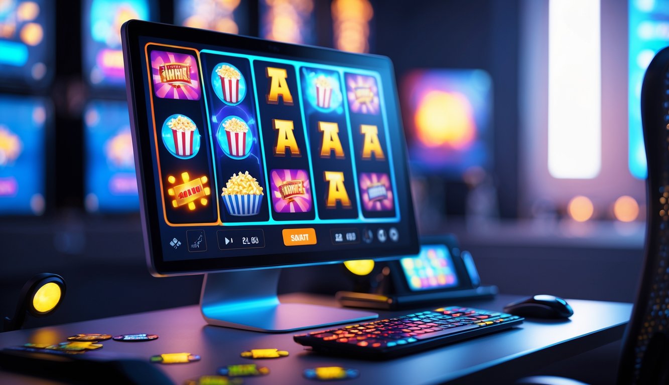 Sebuah layar komputer menampilkan permainan slot bertema film dengan simbol-simbol khas bioskop di lingkungan bermain yang nyaman.