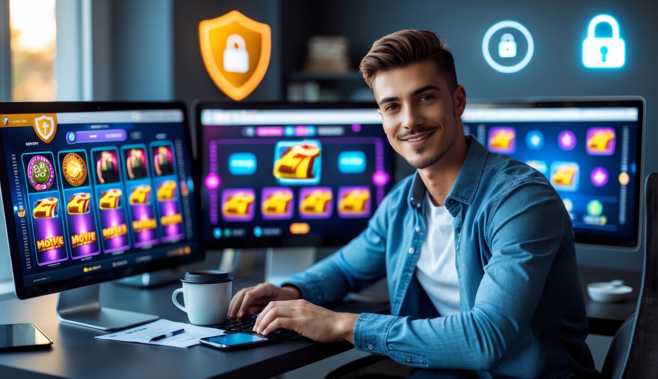 Seorang pria muda duduk di meja dengan laptop yang menampilkan permainan slot bertema film, terlihat percaya diri dan puas dalam suasana kantor rumah yang rapi.