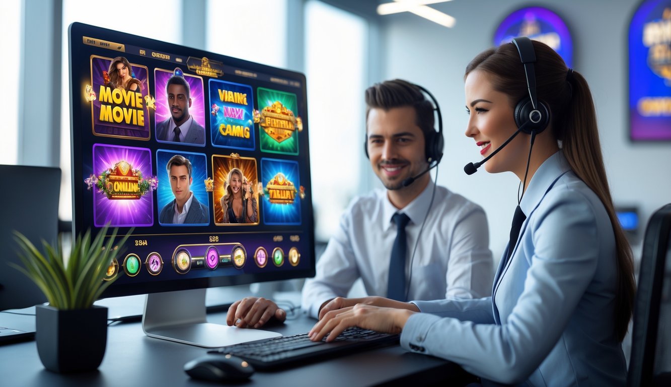Seorang perwakilan layanan pelanggan dengan headset membantu pemain di depan komputer yang menampilkan permainan slot bertema film dengan grafis warna-warni.