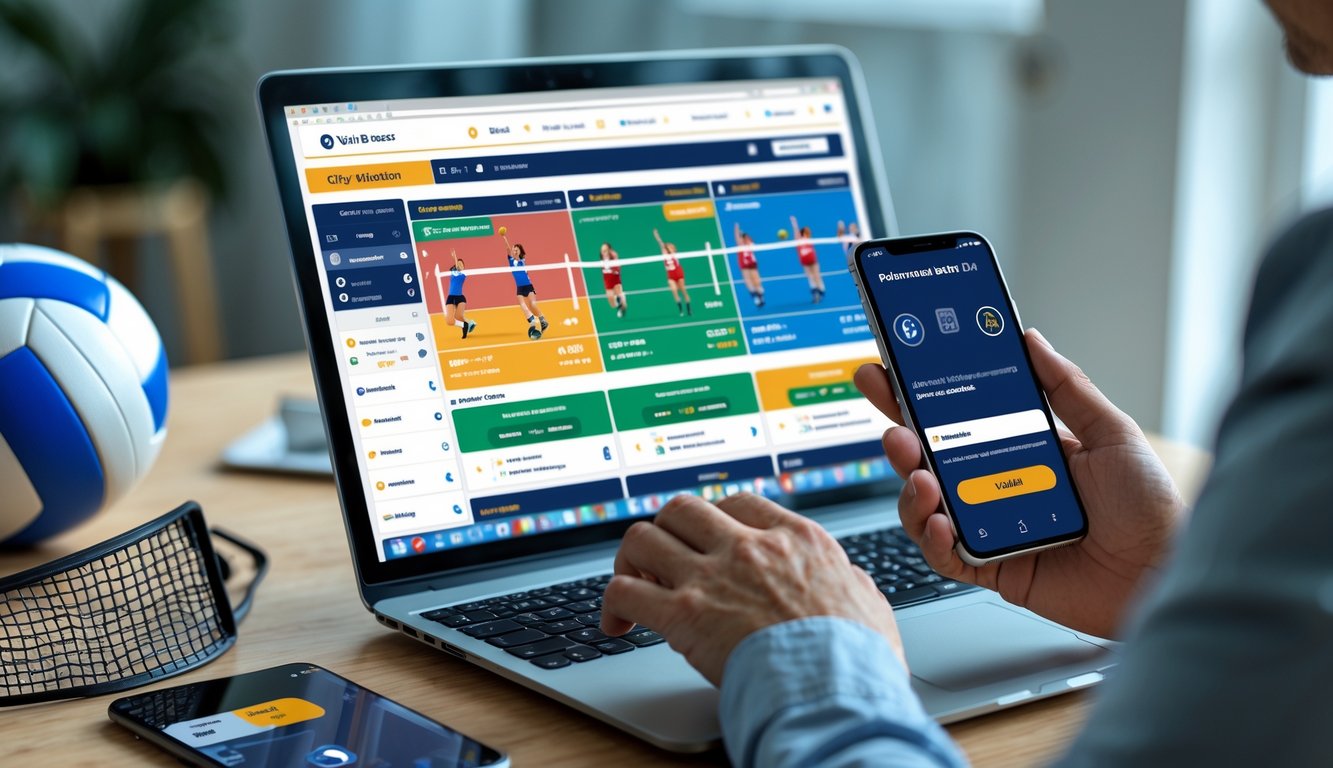 Seseorang menggunakan laptop dan ponsel untuk taruhan bola voli online di ruang kerja dengan peralatan bola voli di latar belakang.