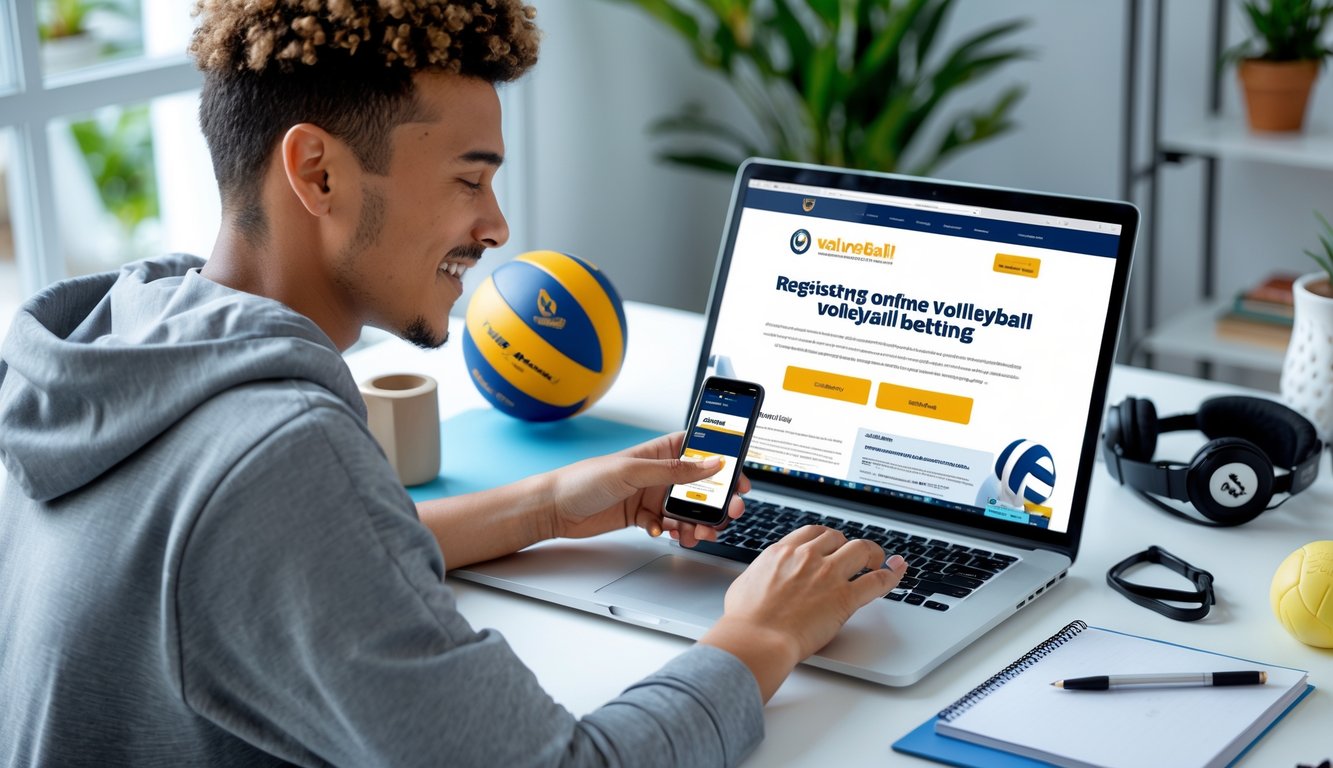Seseorang muda sedang mendaftar taruhan bola voli online resmi menggunakan laptop dan ponsel di meja kerja dengan bola voli di sampingnya.