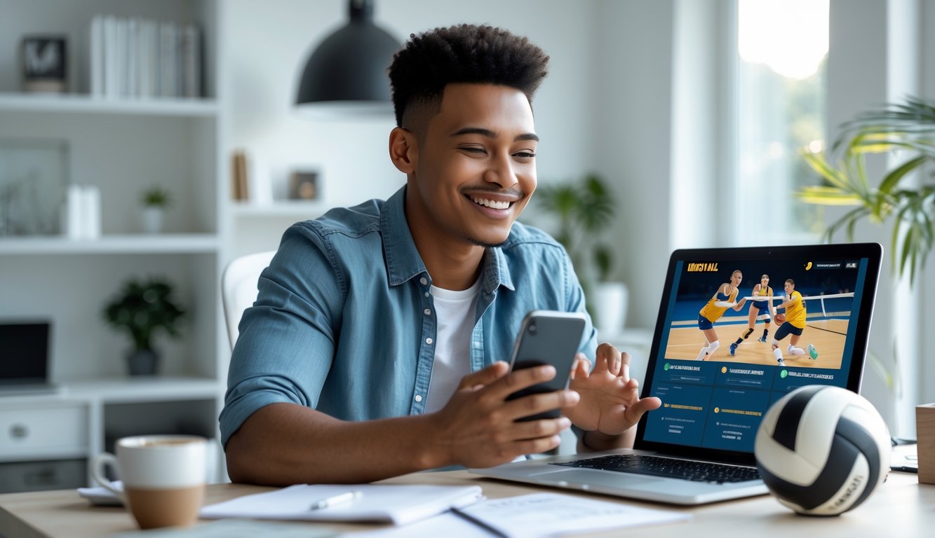 Seorang dewasa muda sedang menggunakan laptop dan ponsel di ruang kerja rumah dengan bola voli di meja.