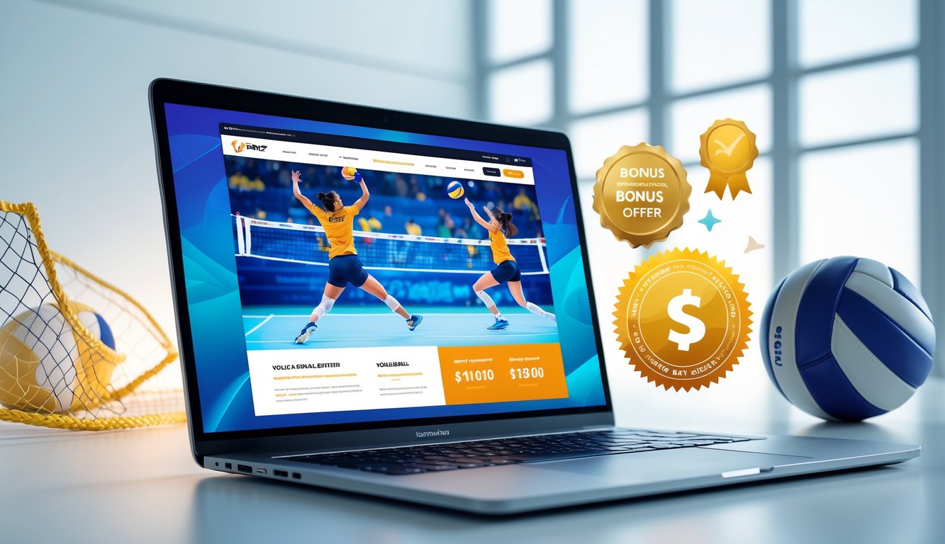 Sebuah laptop di atas meja menampilkan situs taruhan bola voli online dengan latar belakang bola voli dan net kabur.