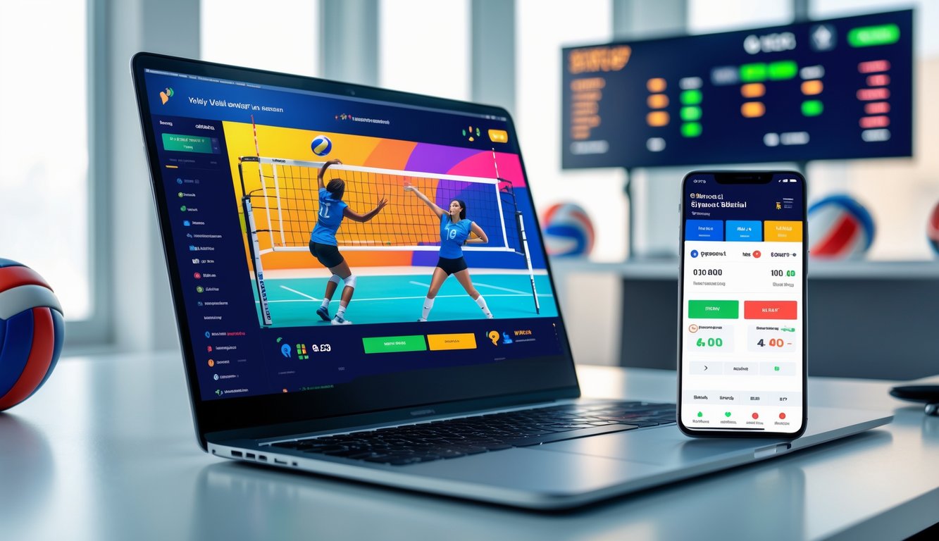 Meja kerja dengan laptop menampilkan pertandingan bola voli dan ponsel yang menunjukkan aplikasi taruhan online.