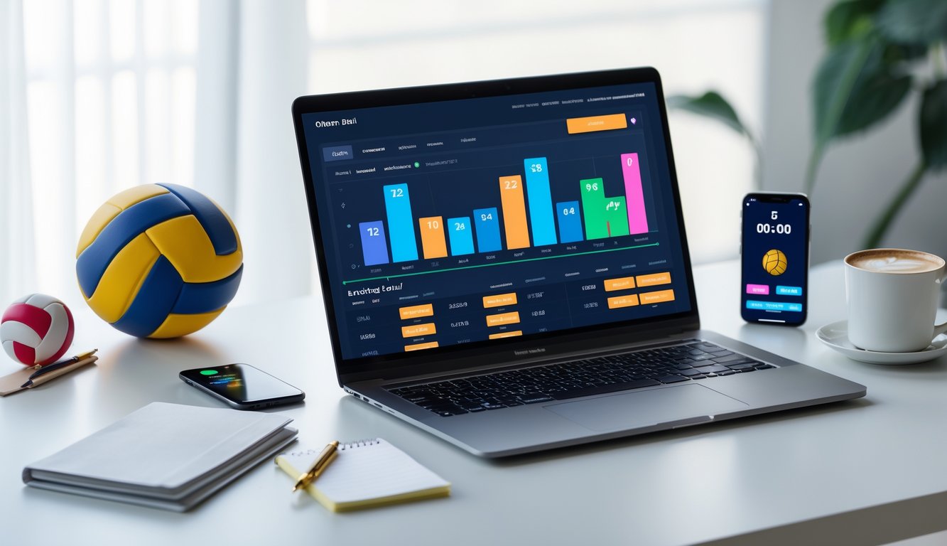 Meja kerja dengan laptop yang menampilkan situs taruhan bola voli online, bola voli, dan ponsel di sampingnya.