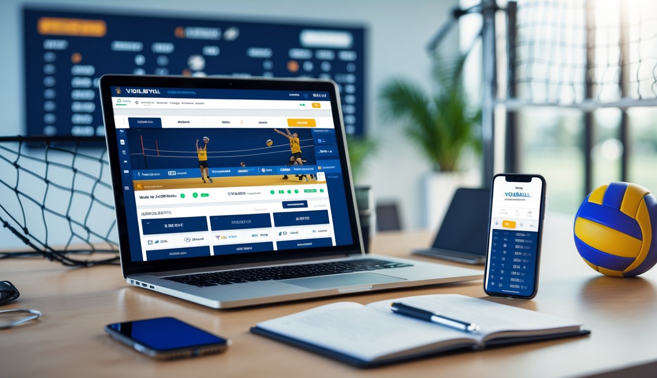 Meja kerja dengan laptop menampilkan pertandingan bola voli dan antarmuka taruhan, dikelilingi smartphone dan buku catatan, dengan bola voli dan net di latar belakang.