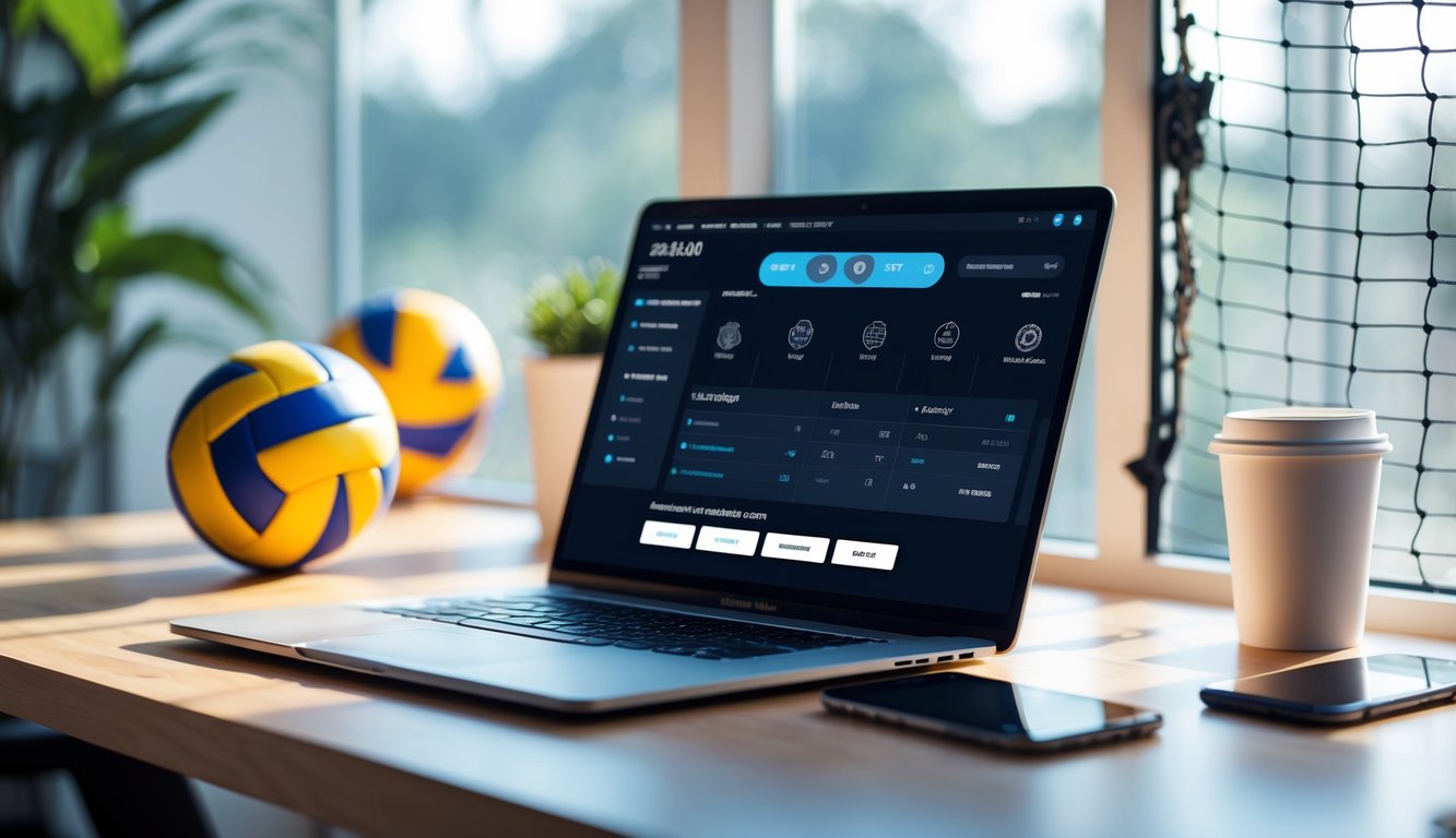 Seorang pengguna di depan laptop dengan layar menampilkan situs taruhan bola voli online, di meja terdapat bola voli dan ponsel.