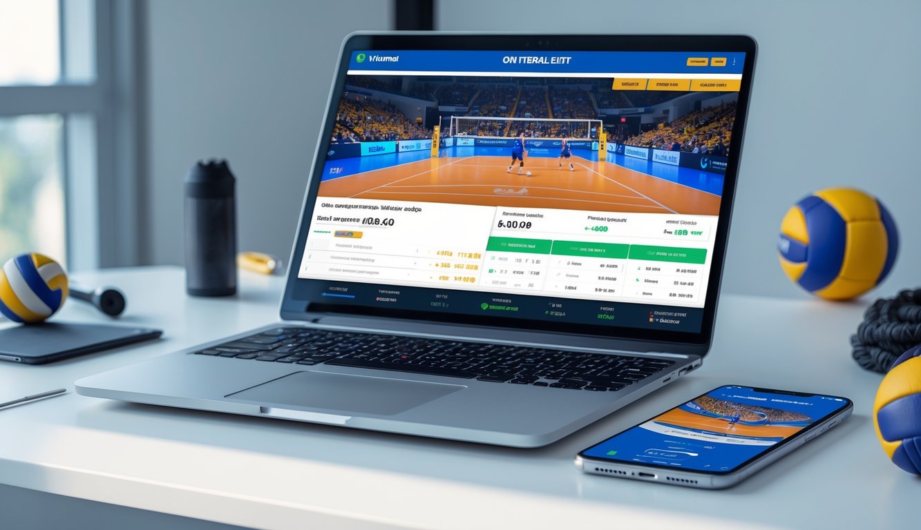 Seorang pria menggunakan laptop dan ponsel di meja kerja dengan pertandingan bola voli yang sedang berlangsung di layar.