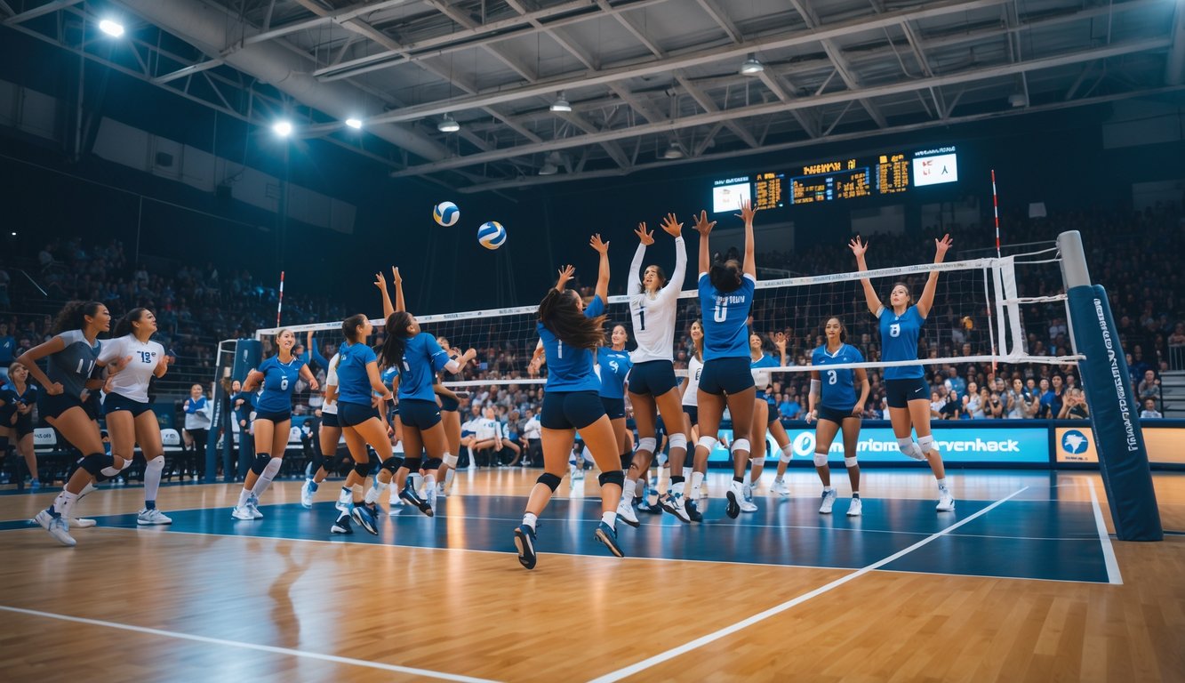 Pertandingan bola voli dalam ruangan dengan pemain yang sedang melompat dan memukul bola di atas net, dengan penonton yang antusias di latar belakang.