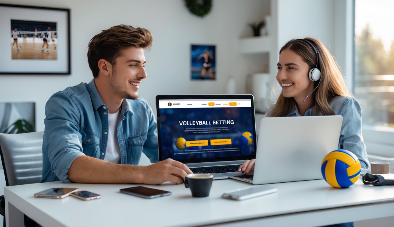 Dua orang muda duduk di meja dengan laptop, terlihat antusias menggunakan situs taruhan bola voli online di ruang kerja modern.