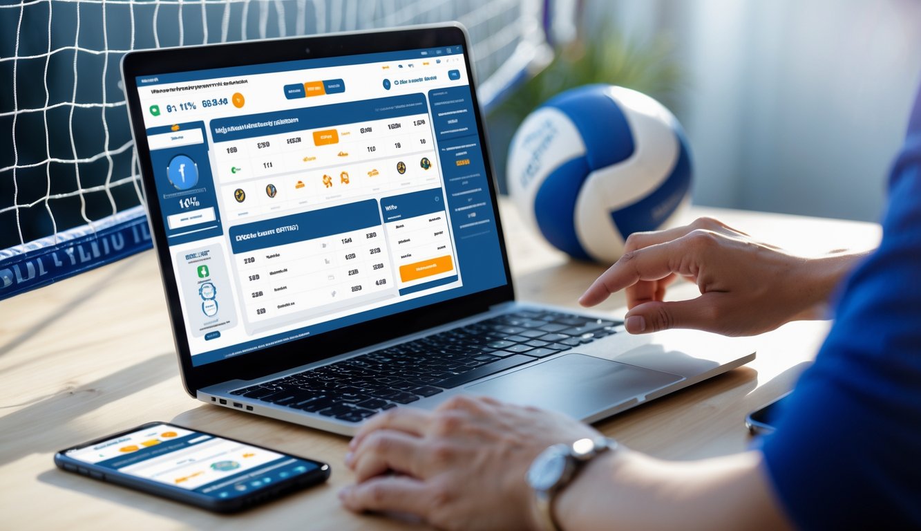 Meja kerja dengan laptop, smartphone, dan tablet yang menampilkan antarmuka taruhan bola voli online dan sistem pembayaran lengkap.