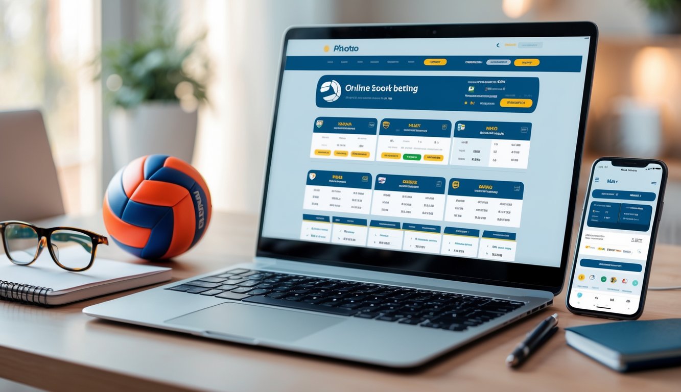 Seorang pengguna duduk di depan laptop dan ponsel dengan tampilan situs taruhan bola voli online, di meja terdapat bola voli dan alat tulis.