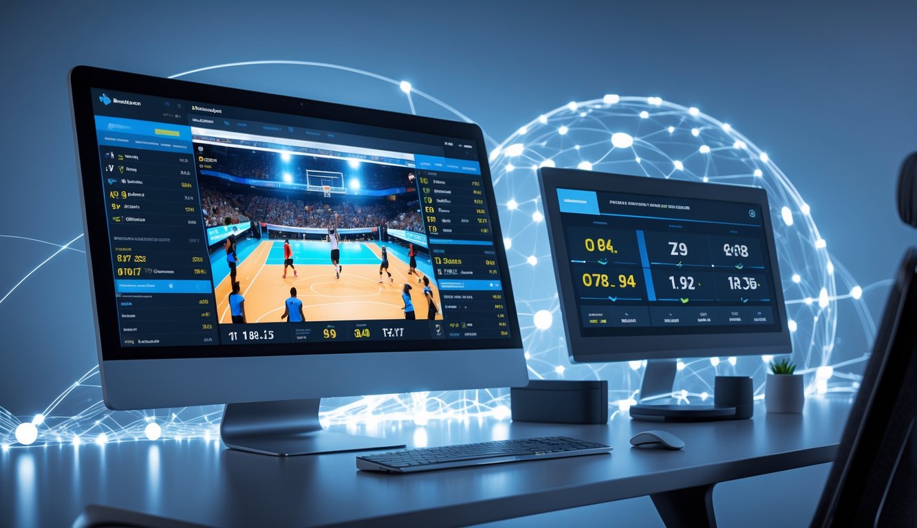 Seorang pria menggunakan komputer di meja kerja dengan layar menampilkan pertandingan bola voli dan data taruhan secara real-time.