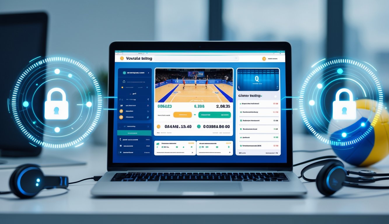 Sebuah laptop di meja kerja menampilkan situs taruhan bola voli online dengan grafik pertandingan dan simbol keamanan di sekitarnya.