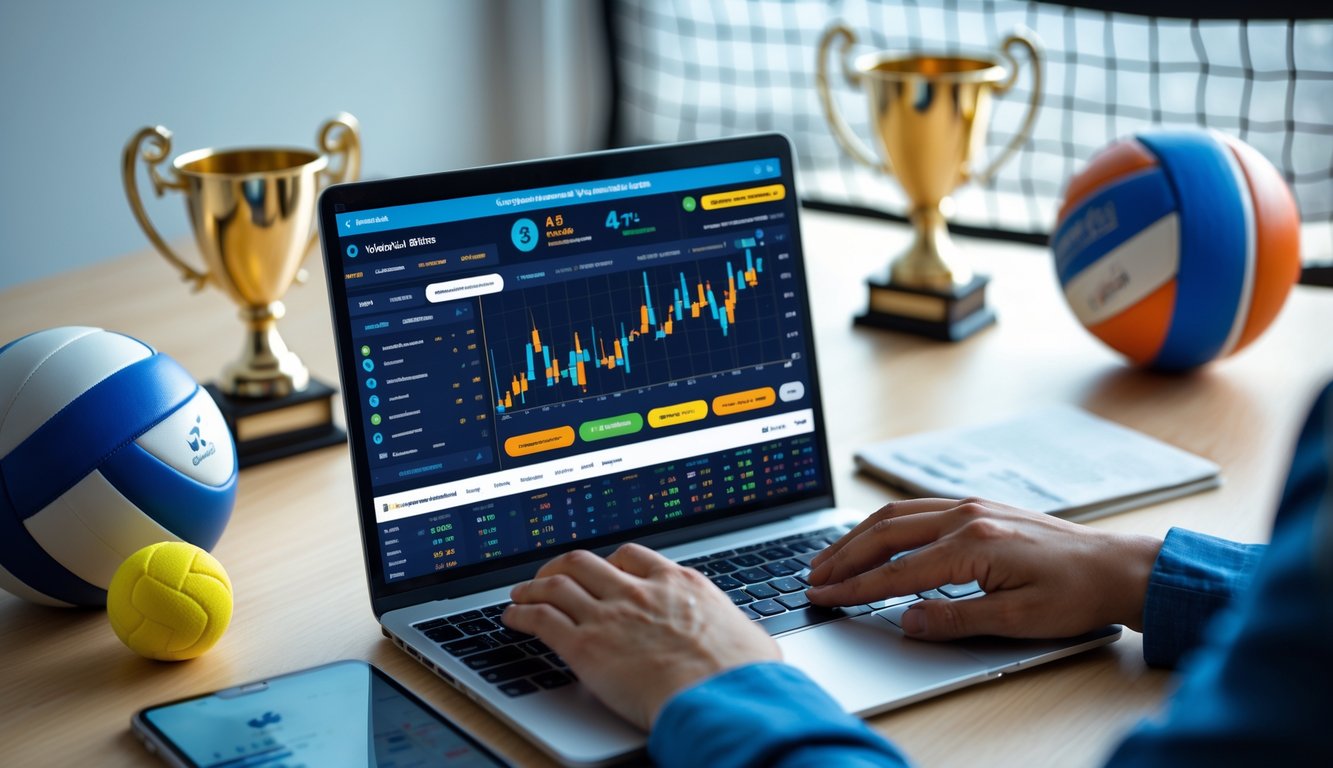 Seseorang menggunakan laptop dengan layar menampilkan informasi taruhan bola voli, di meja terdapat bola voli dan piala olahraga.