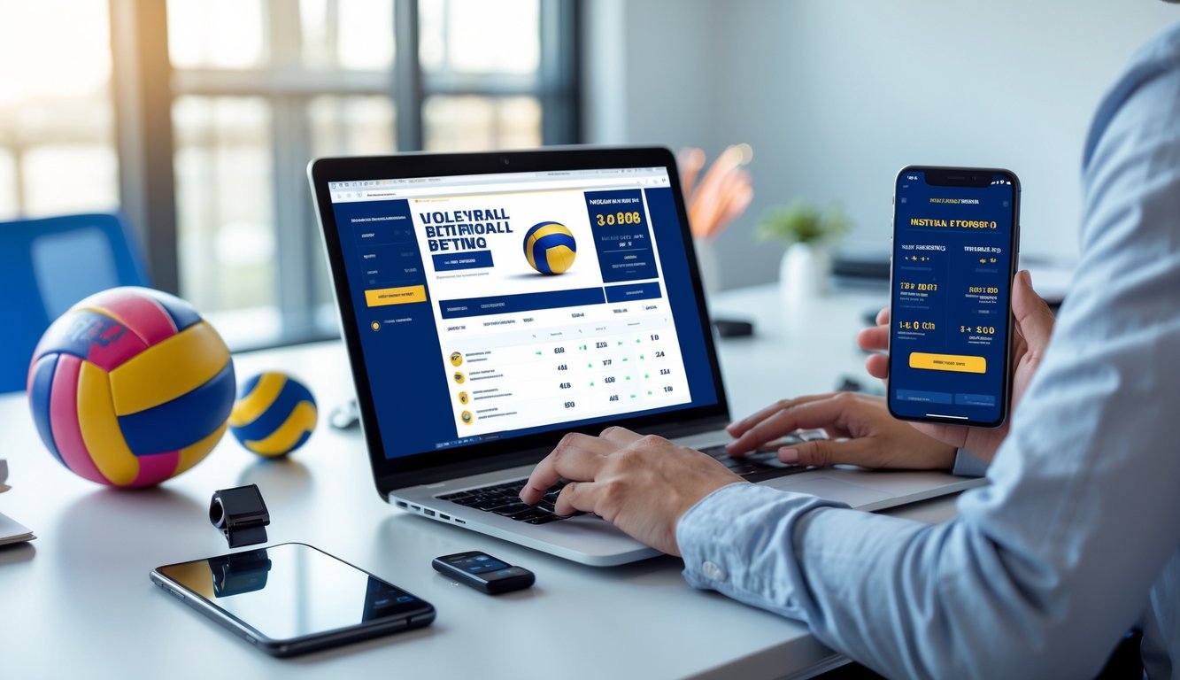 Seorang pria menggunakan laptop di meja kerja dengan bola voli dan ponsel yang menampilkan informasi pertandingan voli.