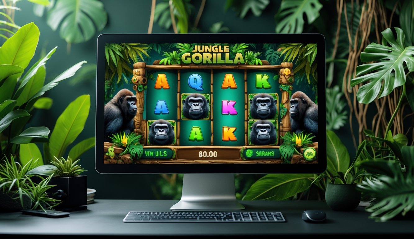 Sebuah meja kerja dengan komputer menampilkan permainan slot bertema gorila dan hutan, dikelilingi tanaman tropis hijau.