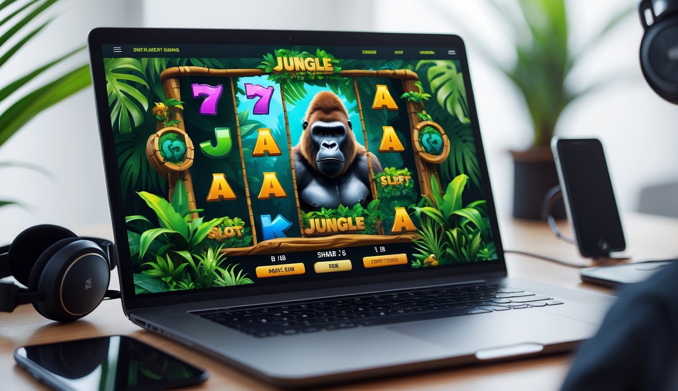 Layar komputer menampilkan permainan slot bertema hutan dengan gambar gorila dan tanaman tropis di meja kerja yang rapi.