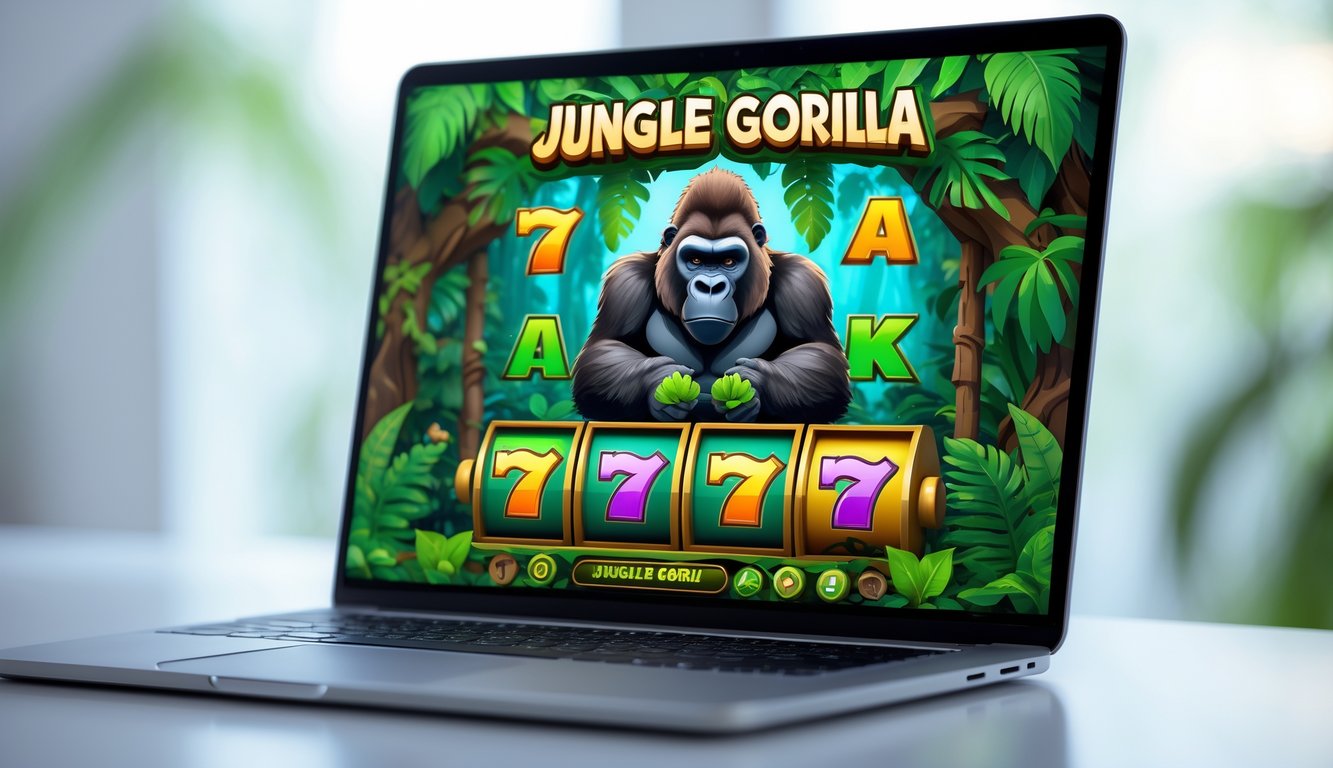 Sebuah komputer menampilkan permainan slot bertema hutan dengan gambar gorila dan latar belakang dedaunan hijau.