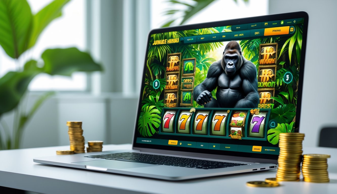 Seorang pengguna komputer yang sedang bermain permainan slot online dengan tema gorila di hutan tropis, menampilkan layar dengan grafik permainan dan suasana yang cerah dan menarik.