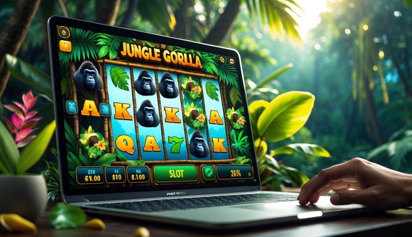 Seorang pemain menggunakan komputer dengan layar menampilkan permainan slot bertema gorila di hutan tropis yang rimbun.