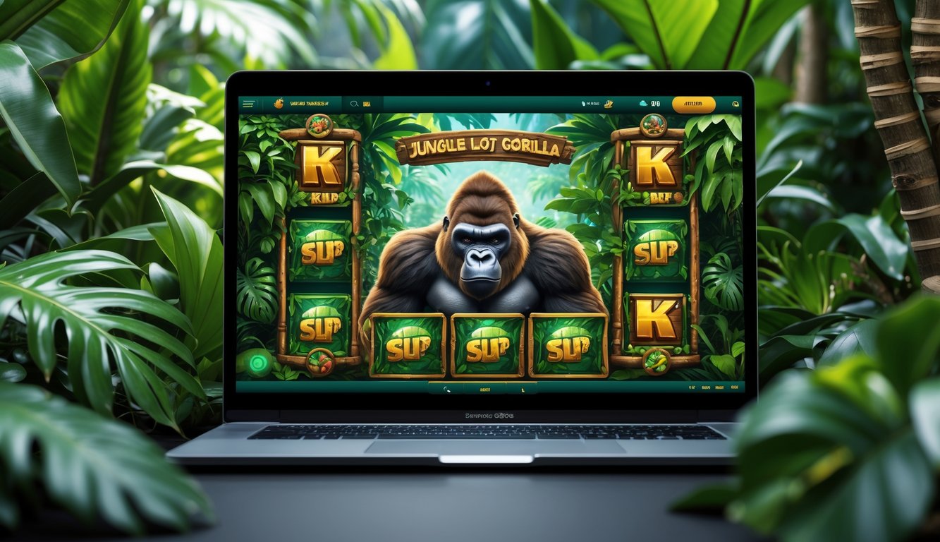 Layar komputer menampilkan permainan slot dengan karakter gorila di tengah hutan tropis yang rimbun.