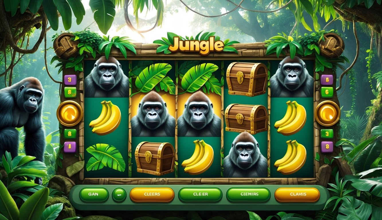 Layar permainan slot online dengan tema gorila dan hutan tropis yang rimbun.
