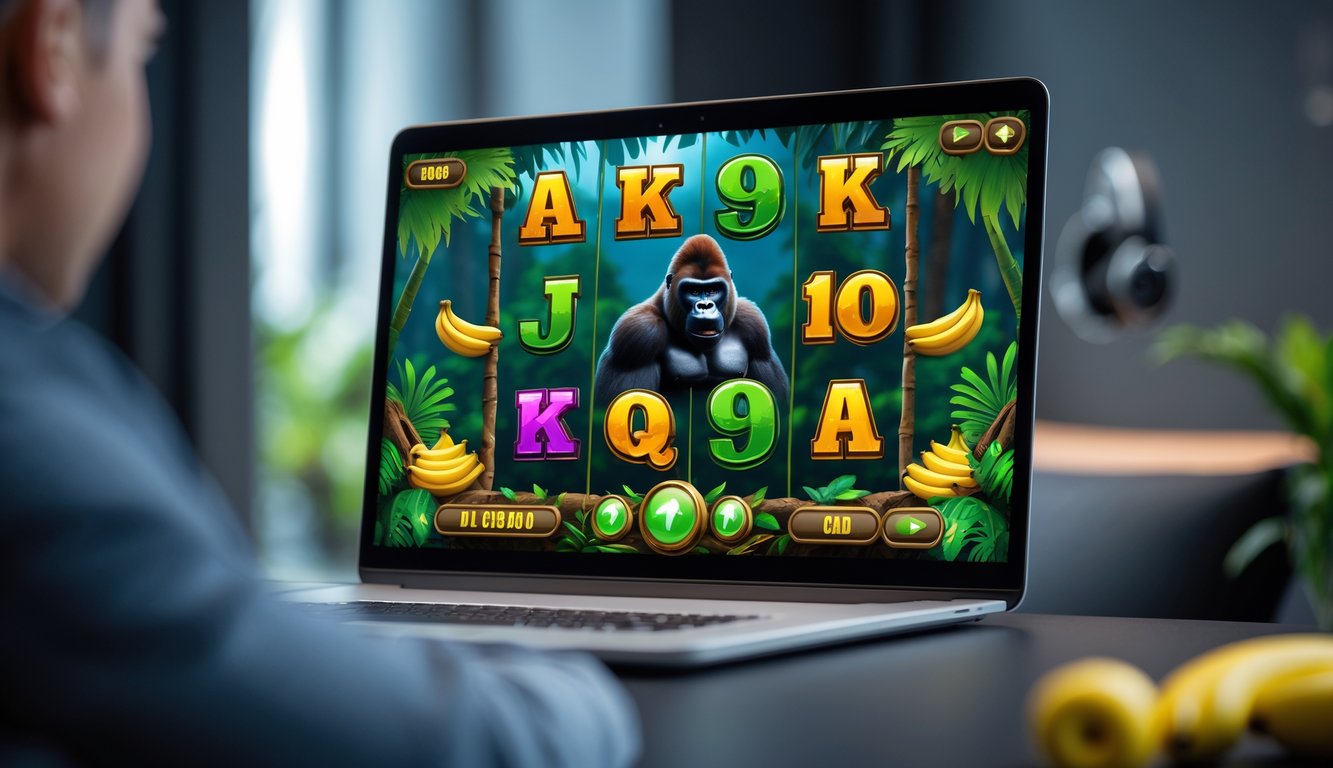 Layar perangkat menampilkan permainan slot bertema hutan dengan gambar gorila dan elemen alam sekitar.