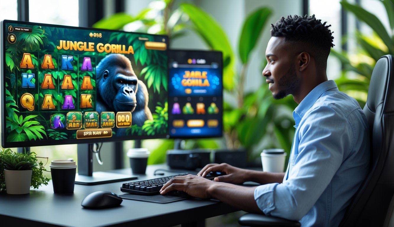 Seseorang duduk di depan komputer dengan tampilan permainan slot bertema hutan dan gorila, di ruang kerja yang rapi dan terang.