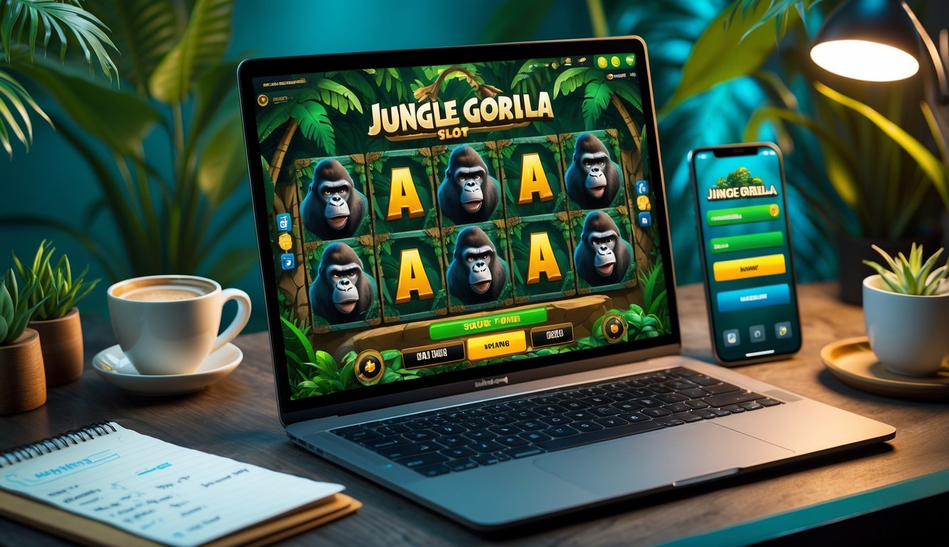 Seorang pengguna sedang bermain slot online bertema gorila di laptop dengan suasana kerja yang rapi dan dekorasi tanaman hijau di latar belakang.