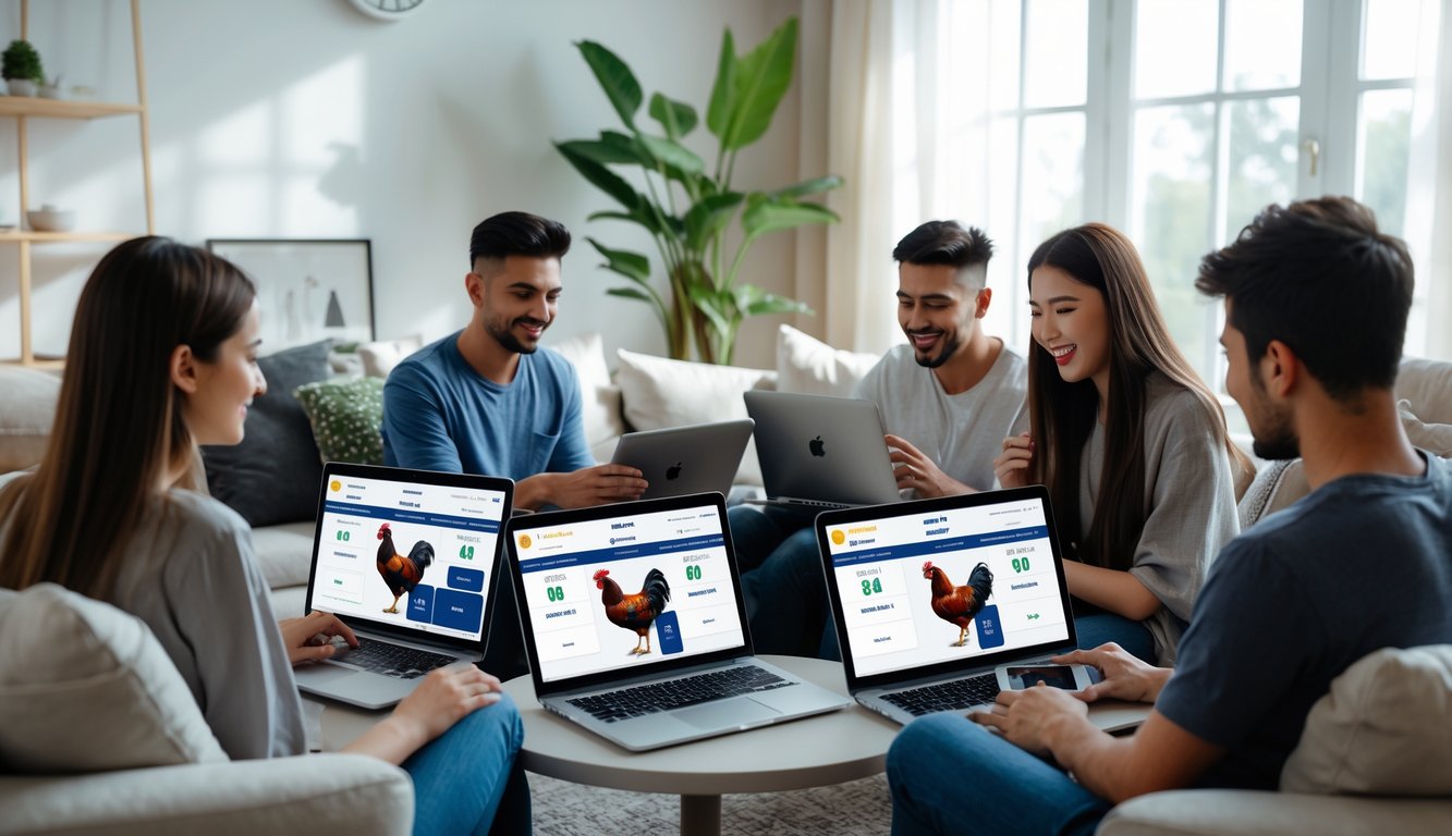 Sekelompok orang muda menggunakan laptop dan ponsel di ruang tamu modern, menunjukkan aktivitas taruhan online sabung ayam dengan suasana yang aman dan nyaman.