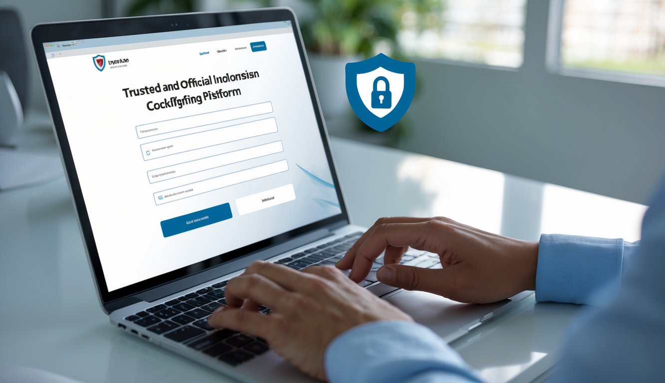 Seseorang sedang mengetik di laptop dengan tampilan situs web pendaftaran online resmi dan terpercaya di meja kerja yang rapi.