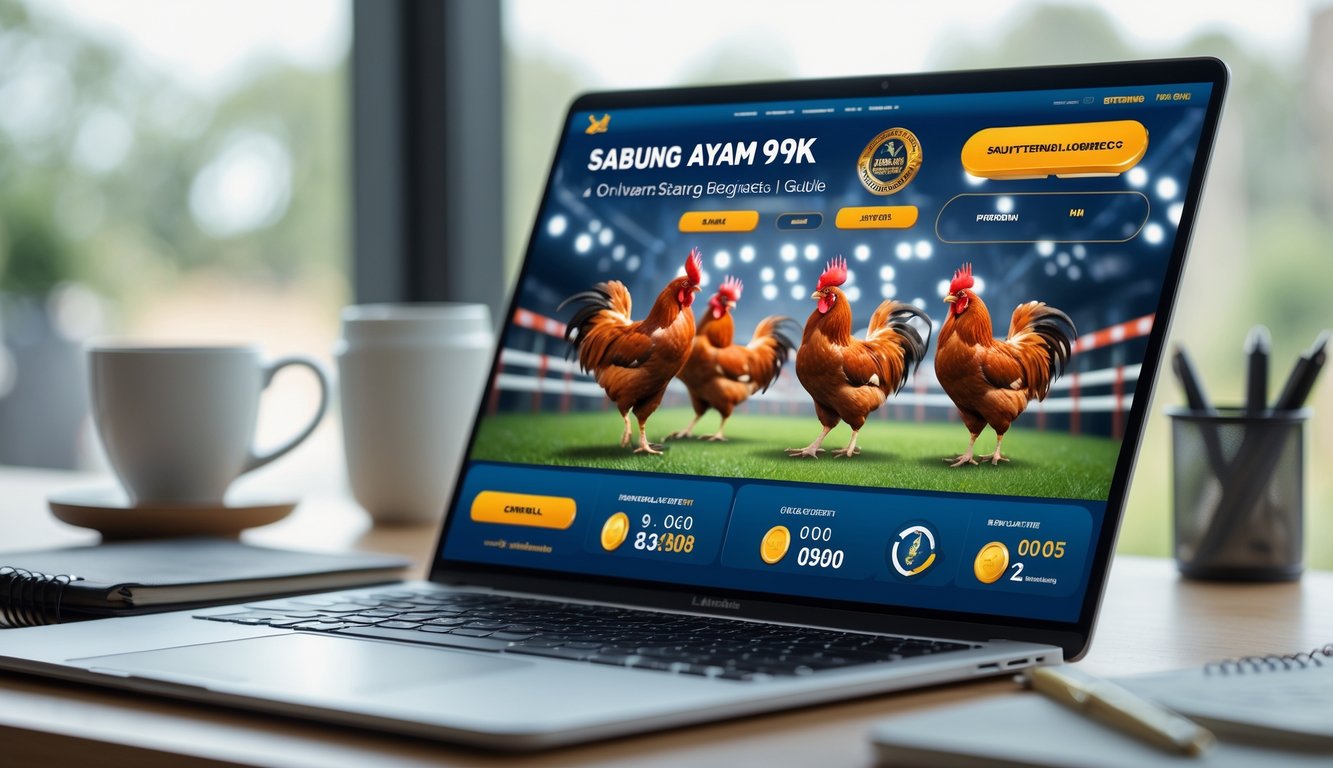 Seseorang menggunakan laptop dengan tampilan situs sabung ayam online yang menampilkan grafik ayam jago dan informasi taruhan.