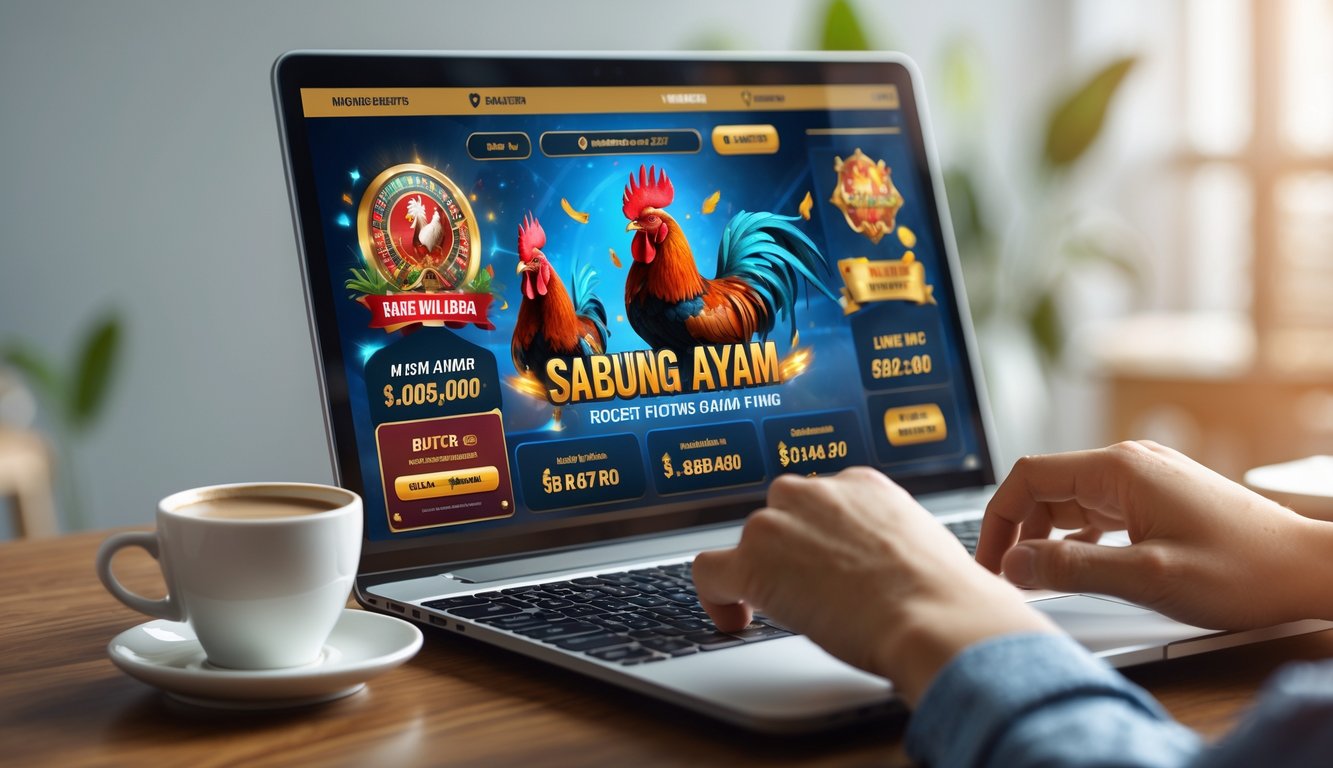 Seorang pengguna sedang berinteraksi dengan perangkat digital yang menampilkan visual pertandingan sabung ayam online dalam suasana yang profesional dan menarik.