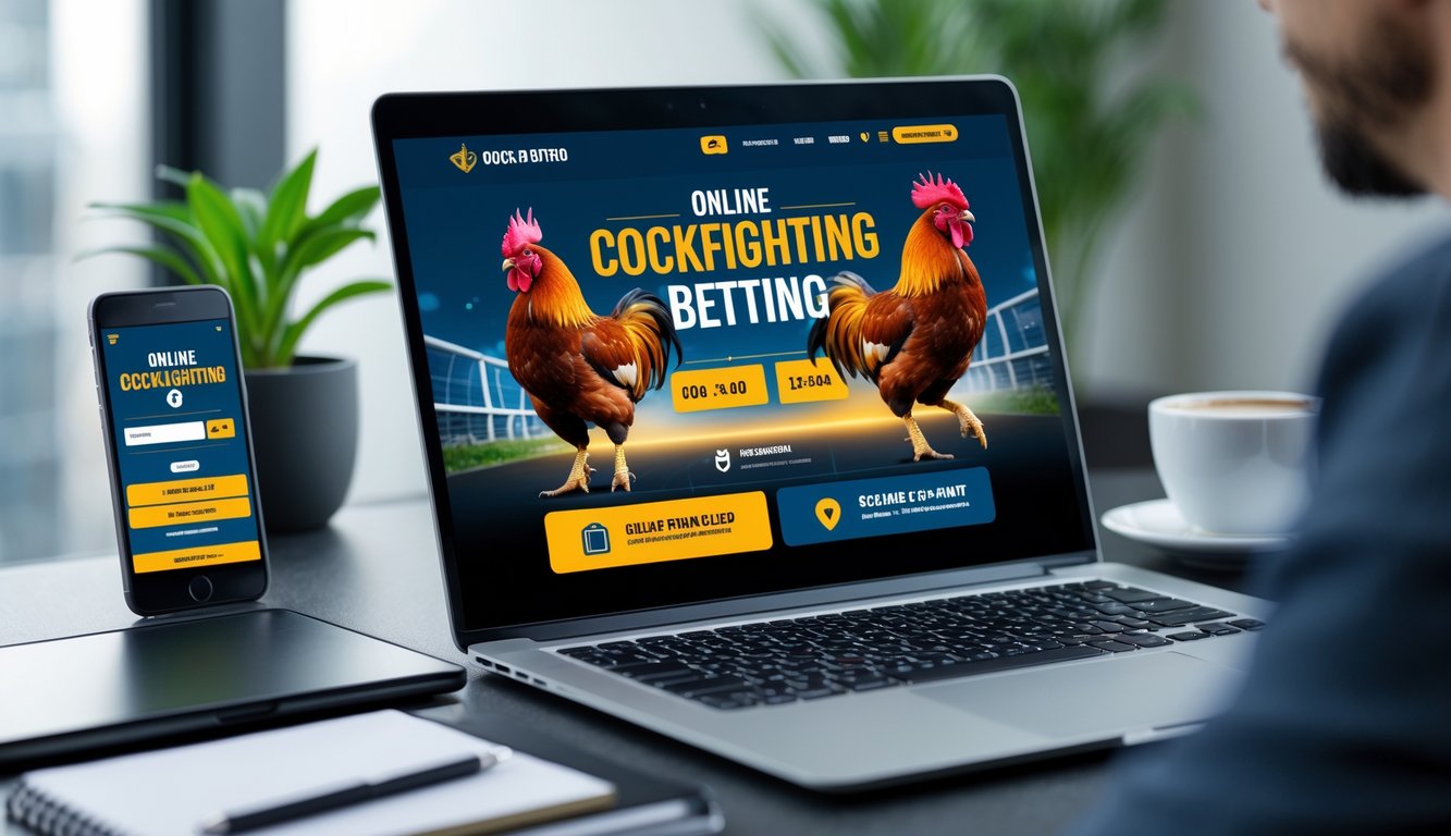 Sebuah laptop di meja kerja menampilkan situs taruhan sabung ayam online dengan ilustrasi ayam jago dan grafik taruhan, dikelilingi oleh ponsel, cangkir kopi, dan alat tulis.