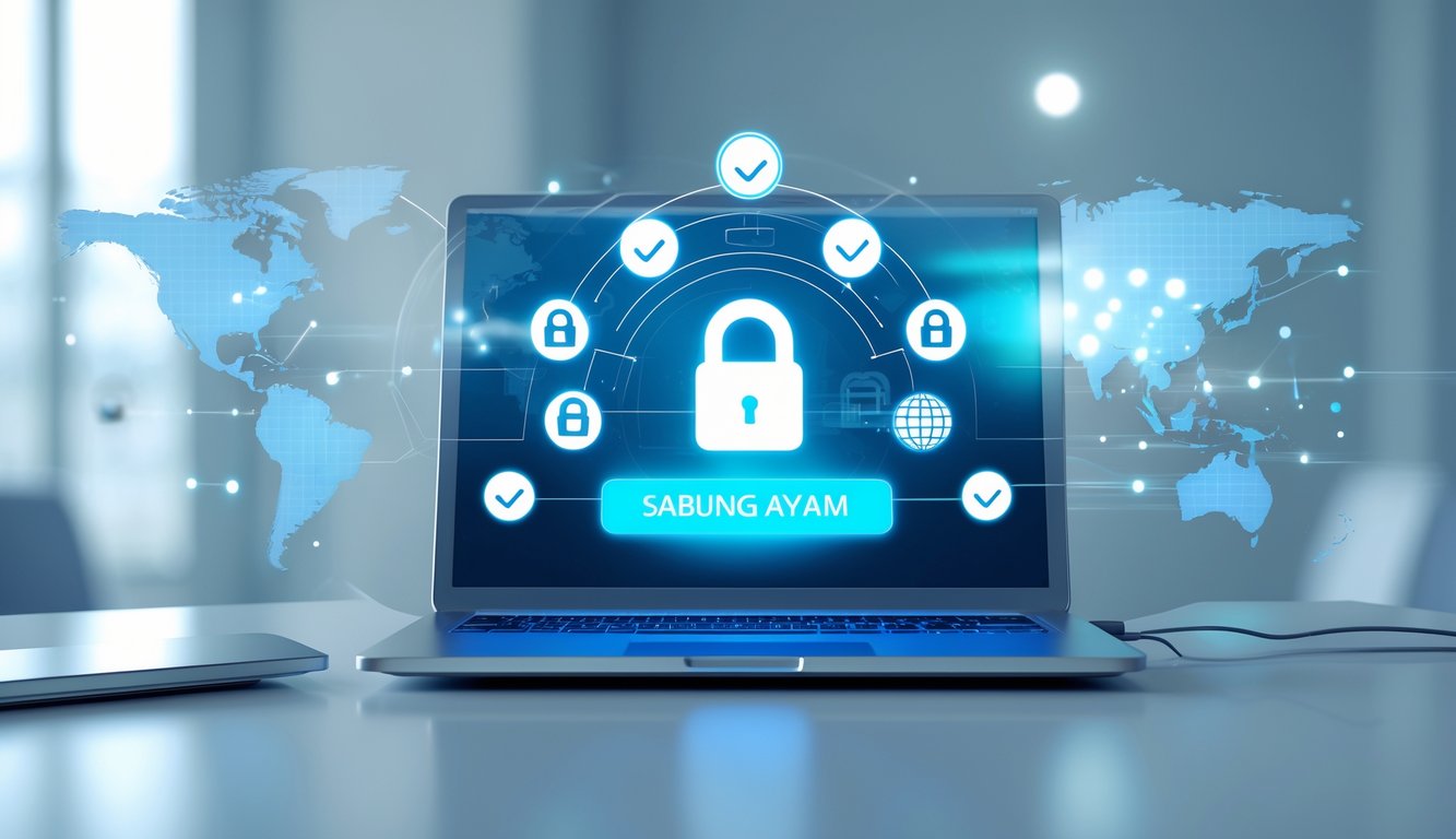 Sebuah laptop di meja dengan layar menampilkan simbol keamanan dan ikon digital, menggambarkan konsep pendaftaran online yang aman.