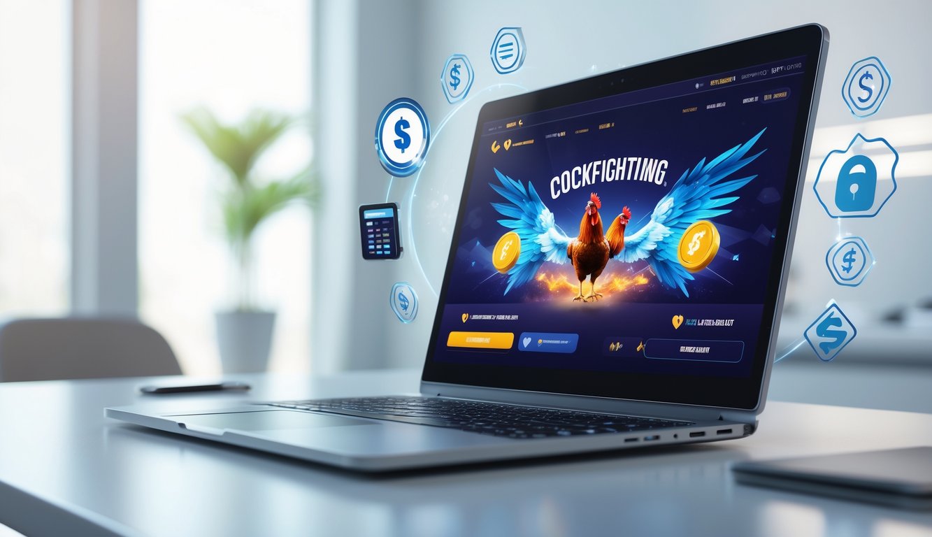 Sebuah laptop atau ponsel pintar di atas meja dengan tampilan antarmuka digital yang menampilkan grafik terkait sabung ayam dan ikon transaksi cepat.