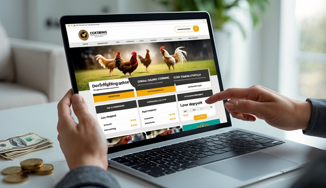 Seseorang menggunakan laptop di meja kerja dengan tampilan situs taruhan sabung ayam online, di sekitar terdapat uang kertas dan koin.