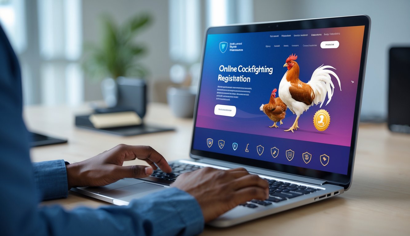 Seseorang menggunakan laptop di meja kerja dengan tampilan situs pendaftaran sabung ayam online yang menampilkan ikon keamanan dan suasana modern.