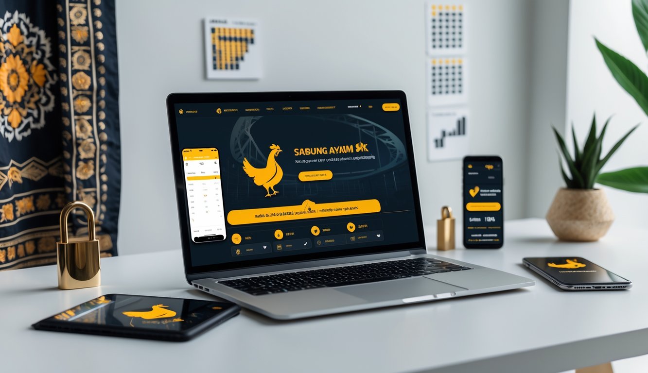 Seorang pria menggunakan laptop di meja kerja yang menampilkan situs taruhan sabung ayam online dengan suasana yang profesional dan aman.