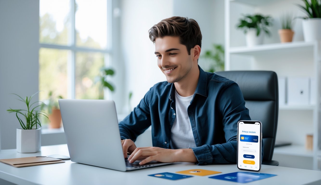 Seorang pria muda duduk di meja dengan laptop terbuka, terlihat percaya diri dan puas dalam suasana kantor rumah yang terang dan rapi.