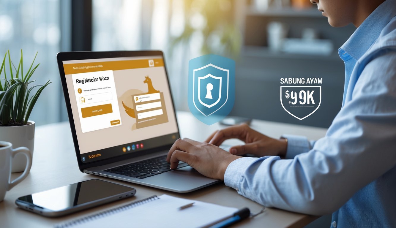 Seseorang menggunakan laptop di meja kerja modern untuk mendaftar layanan online Sabung Ayam dengan suasana yang profesional dan rapi.