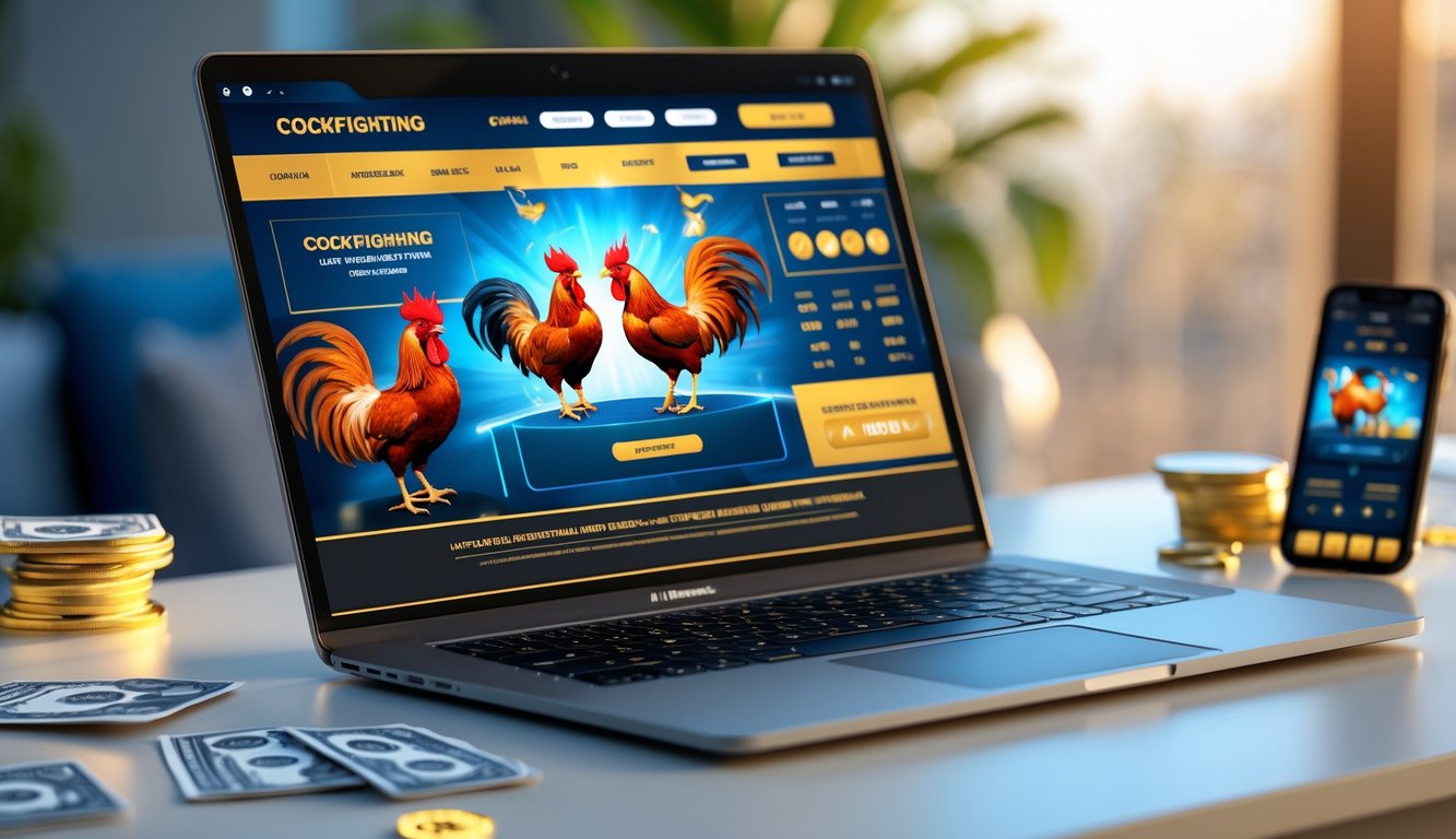 Seorang pria menggunakan laptop dengan gambar ayam aduan di layar, dikelilingi oleh elemen-elemen yang menunjukkan taruhan online.