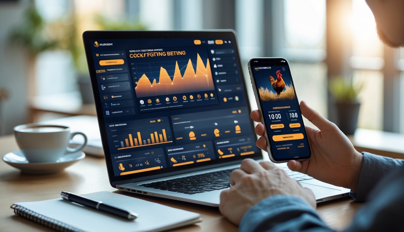 Seseorang menggunakan laptop dan ponsel di meja kerja dengan tampilan aplikasi taruhan sabung ayam online.