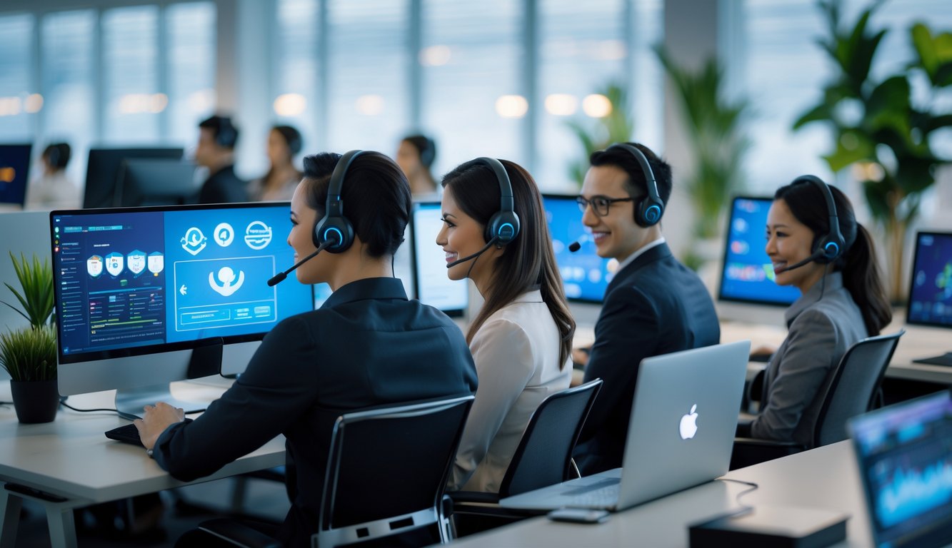 Suasana kantor modern dengan tim layanan pelanggan yang ramah menggunakan headset, bekerja di depan komputer dalam lingkungan yang terang dan rapi.
